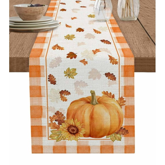 Fall Burlap Cotton Table Runner 13x70 Inches Long, Orange Pumpkins Thanksgiving Maple Leaf Sunflower Plaid Farmhouse Table Runners, Outdoor Dining Tablecloths Decor for Baby Shower/Party/Wedding