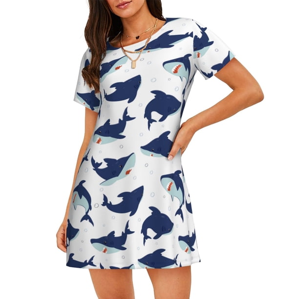 Balery Cute Shark Camisón de manga corta con cuello redondo para mujer, cómodo y elegante.