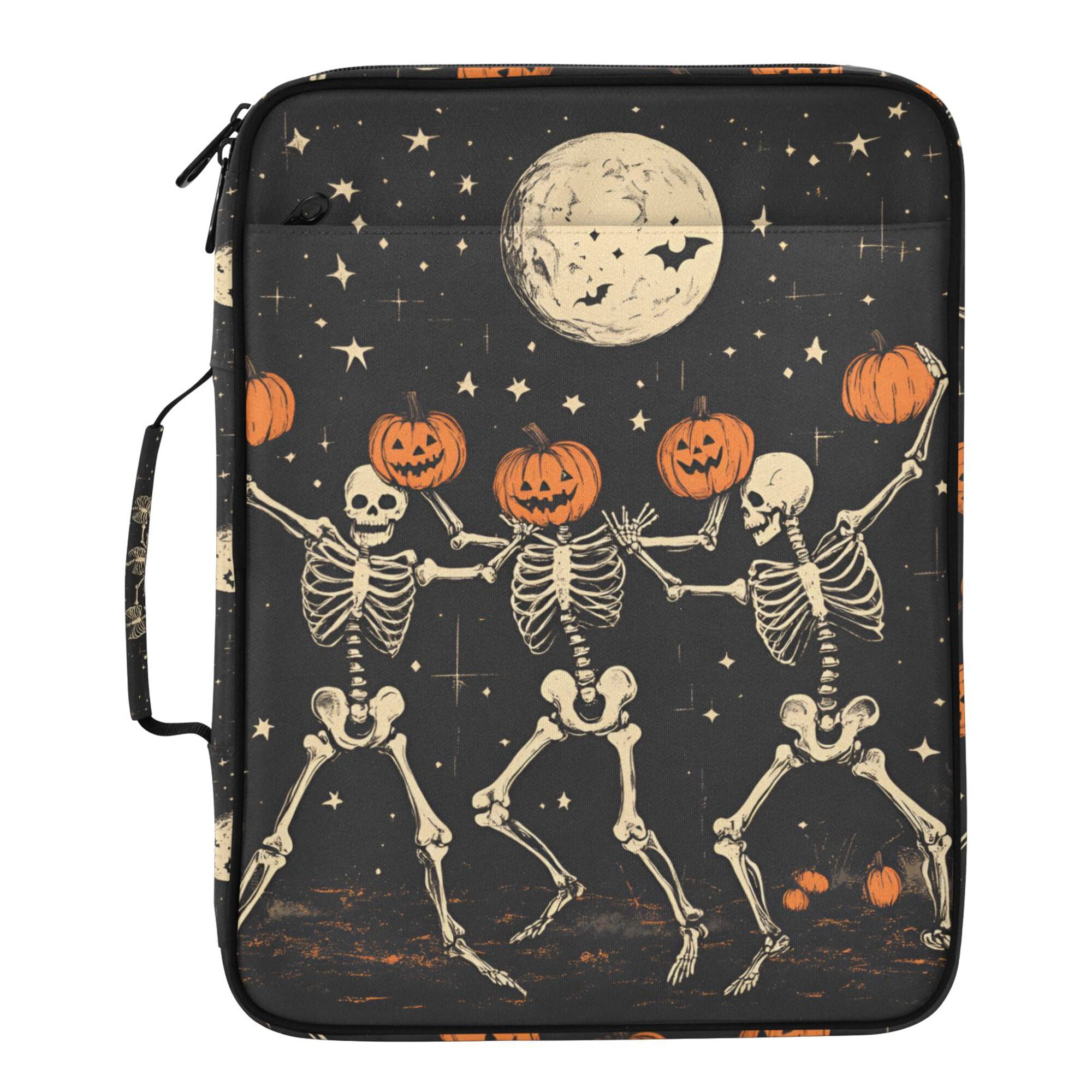 FORMRS Accordion File Folder A4 Size 7-Pocket Expanding Document Organizer Bag with 3 Ring Binder, Black Halloween Dancing Skeleton