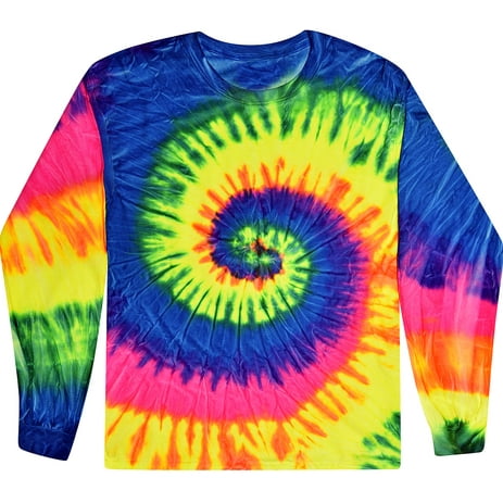 Unisex Long Sleeve Colorful Tie Dye Tee Shirt - Neon Rainbow, Small