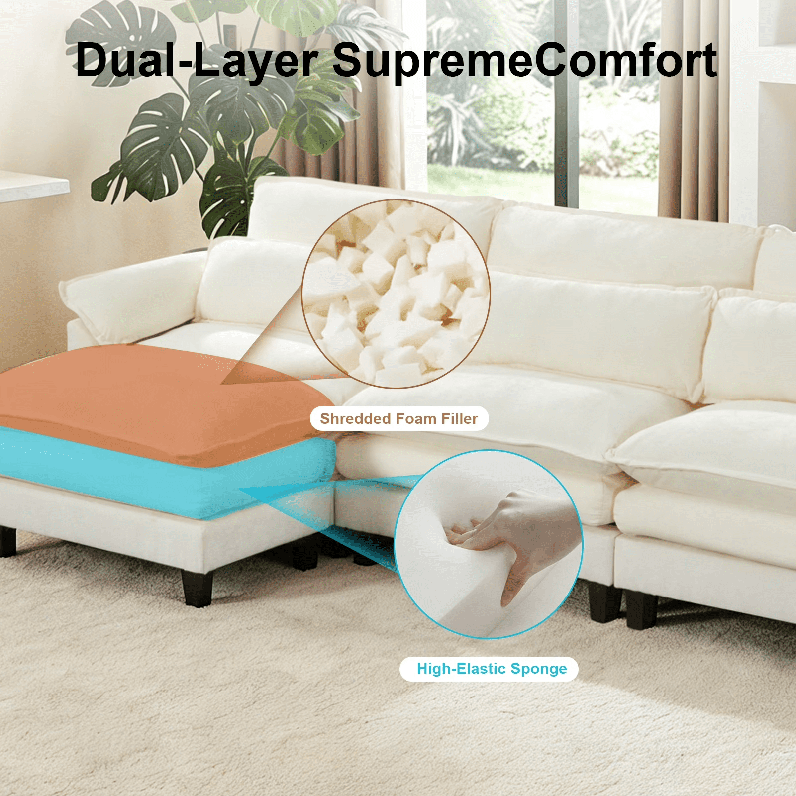 Howcool 113" Modular Sectional Sofa with Movable Ottoman, L Shaped Comfy Cloud Couch, Deep Seat 3-Seat Convertible Sofa, USB Ports & Side Pockets, Chenille Fabric,Beige