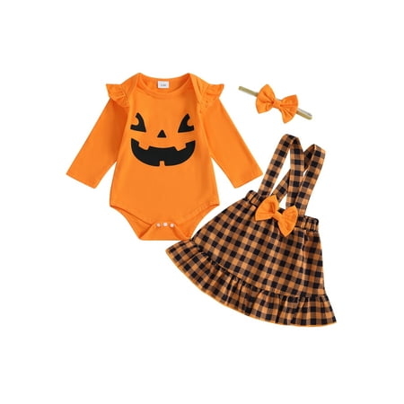

GXFC Infant Baby Girls Halloween 3 Piece Outfits Newborn Girls Long Sleeve Pumpkin Print Romper Sweatshirt+Plaid Suspender Skirt+ Headband Toddler Girls Halloween Day Fall Set Costume 3-24M