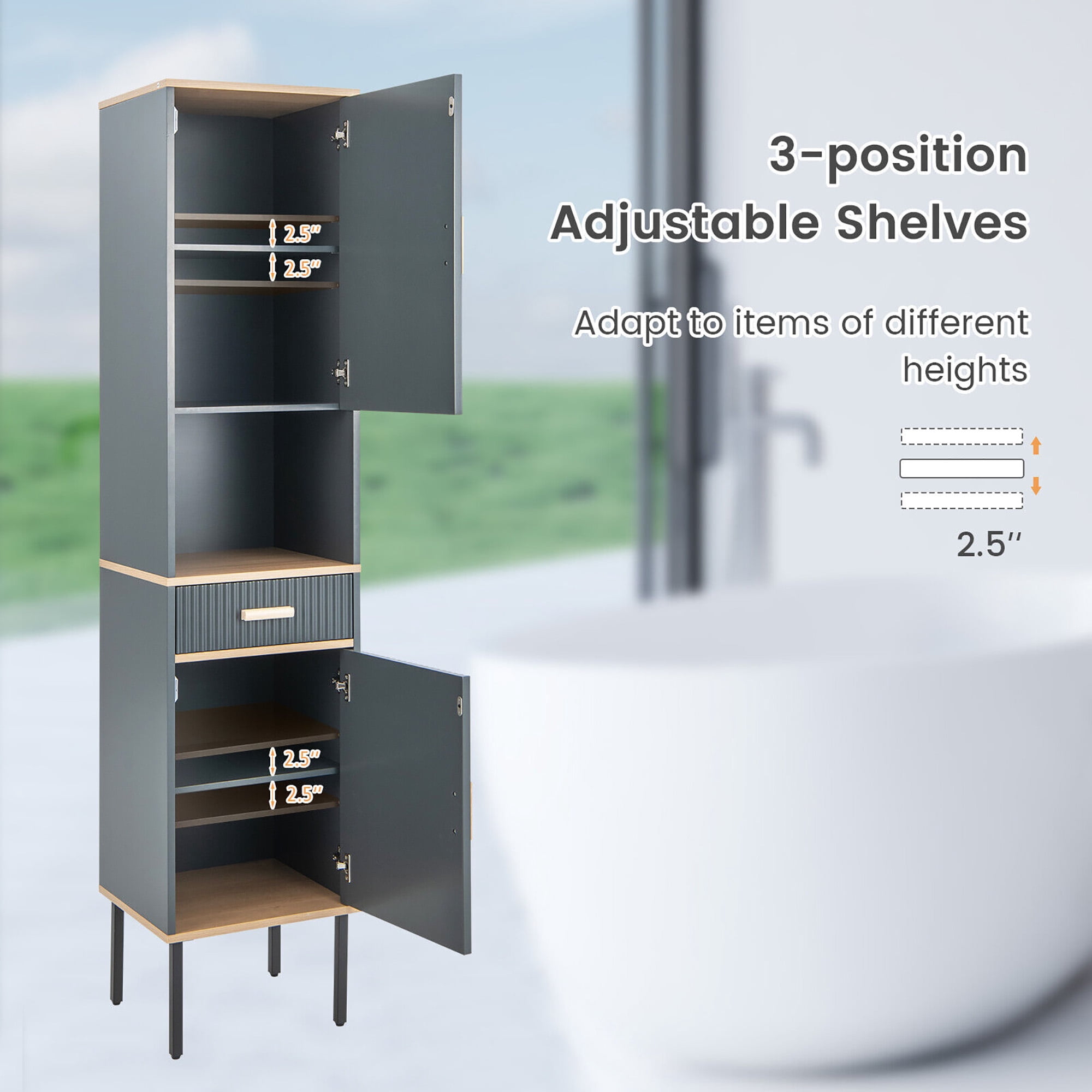 Gymax Tall Bathroom Storage Cabinet Freestanding Narrow Linen Tower w/ Doors & Drawer