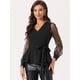 thumbnail image 4 of Top de malla de manga larga con cuello en V y dobladillo con volantes para mujer elegante con cinturón Negro S Allegra K, 4 of 5