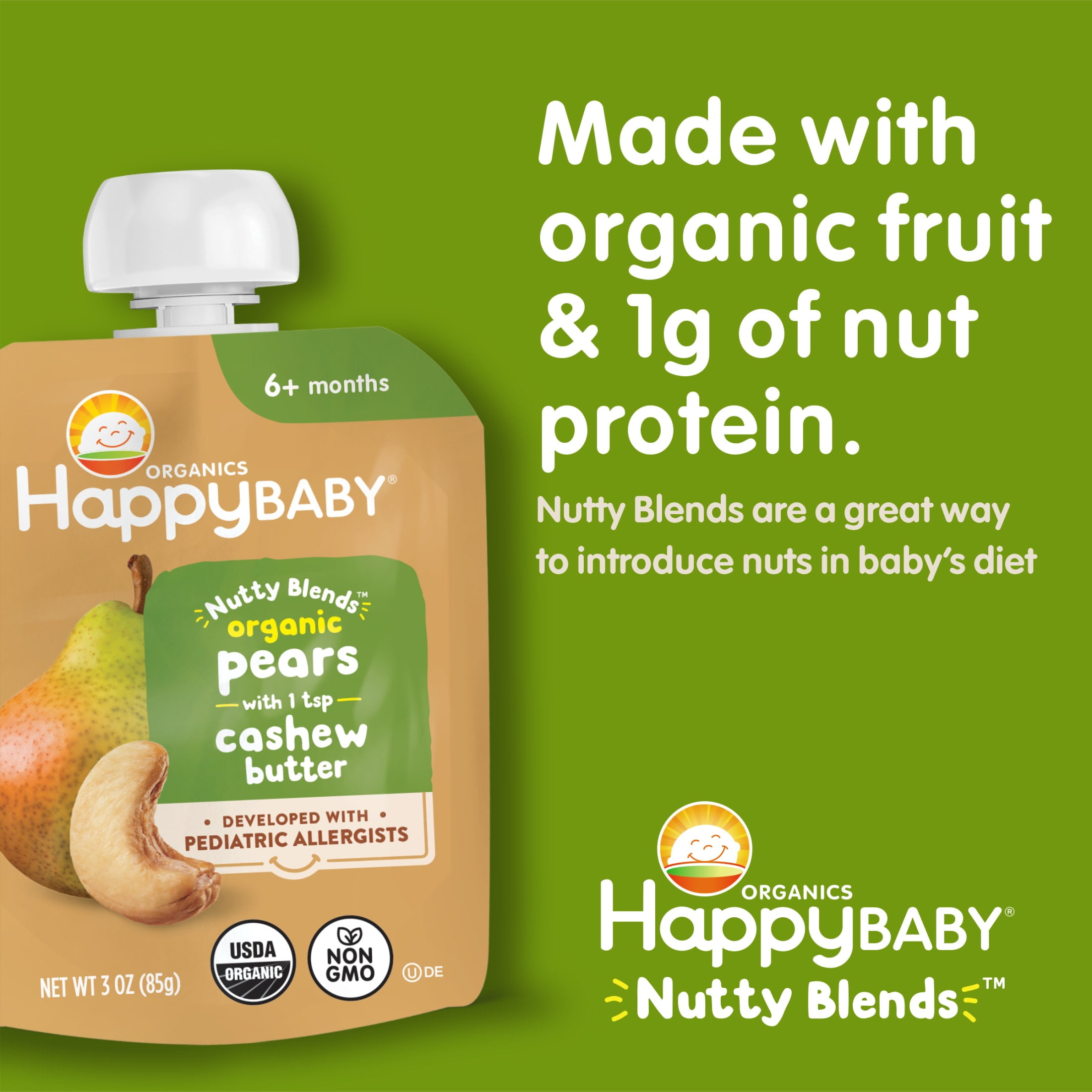 Happy Baby Organics Nutty Blends, Organic Pears with Cashew Butter Organic Baby Food Pouches, 6+ Months, 3 oz