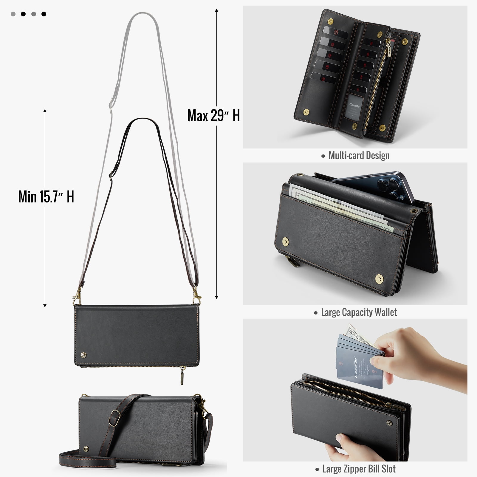 ELEHOLD Phone Bag Wallets for Women Girls,Luxury PU Leather Wallet Bag Crossbody Handbag with Phone Pocket Zipper Pocket Large Capacity Credit Card Holders Wriststrap Shoulder Strap,Black