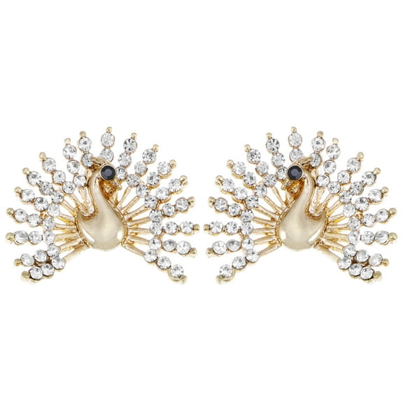 Womens Golden Toned Flared Peacock Tail Feather Clear Crystal Rhinestone Post Stud Earrings
