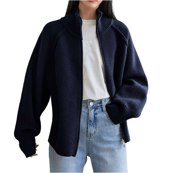 Womens Knit Sweater Full-zip Jacket Double Zippers High Neck Loose Long Sleeve Fall Outerwear Sweaters Coat (Free Size, Navy)