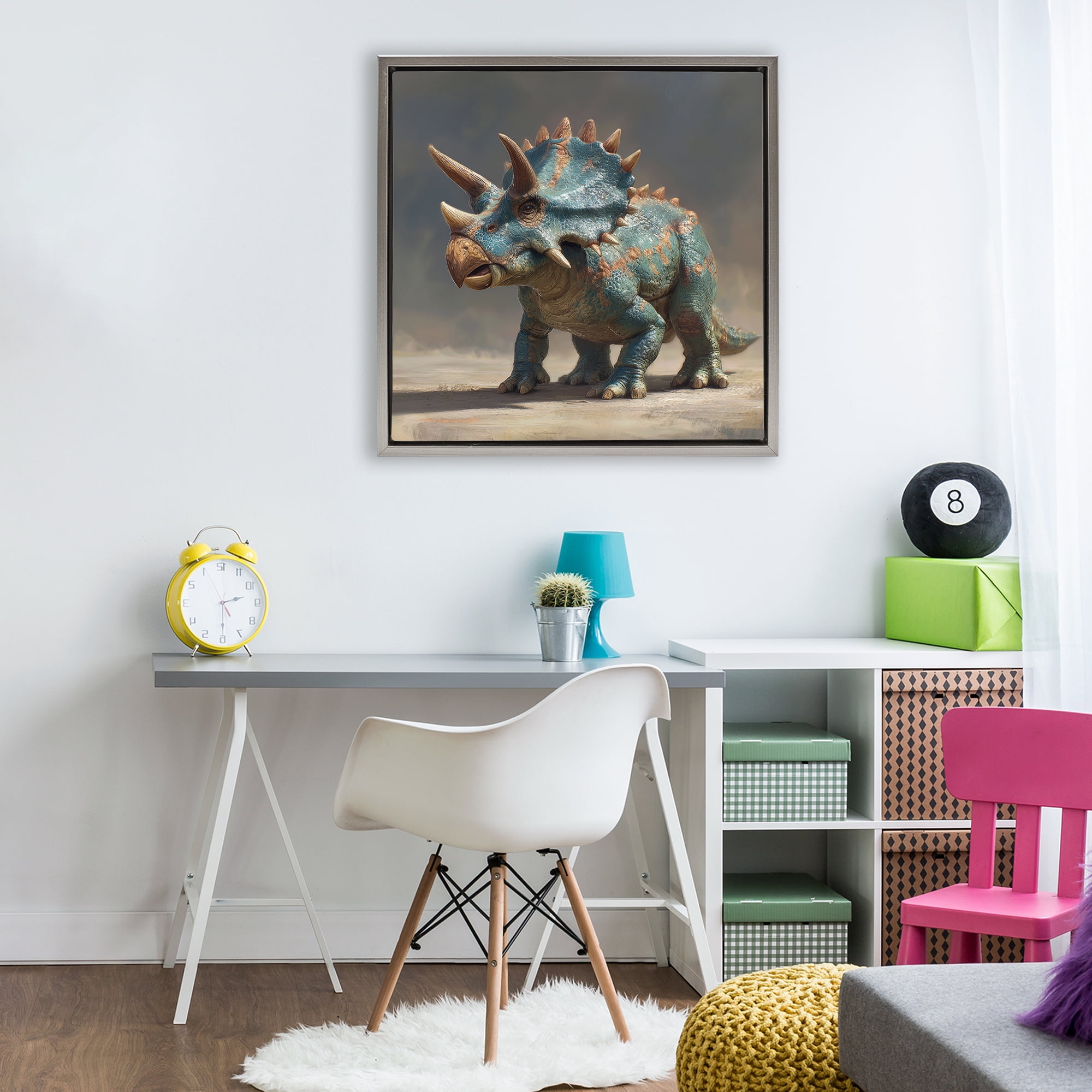 Stupell Industries Horned Triceratops at Sunrise Gray Framed Floater Canvas Wall Art, design by Wumples