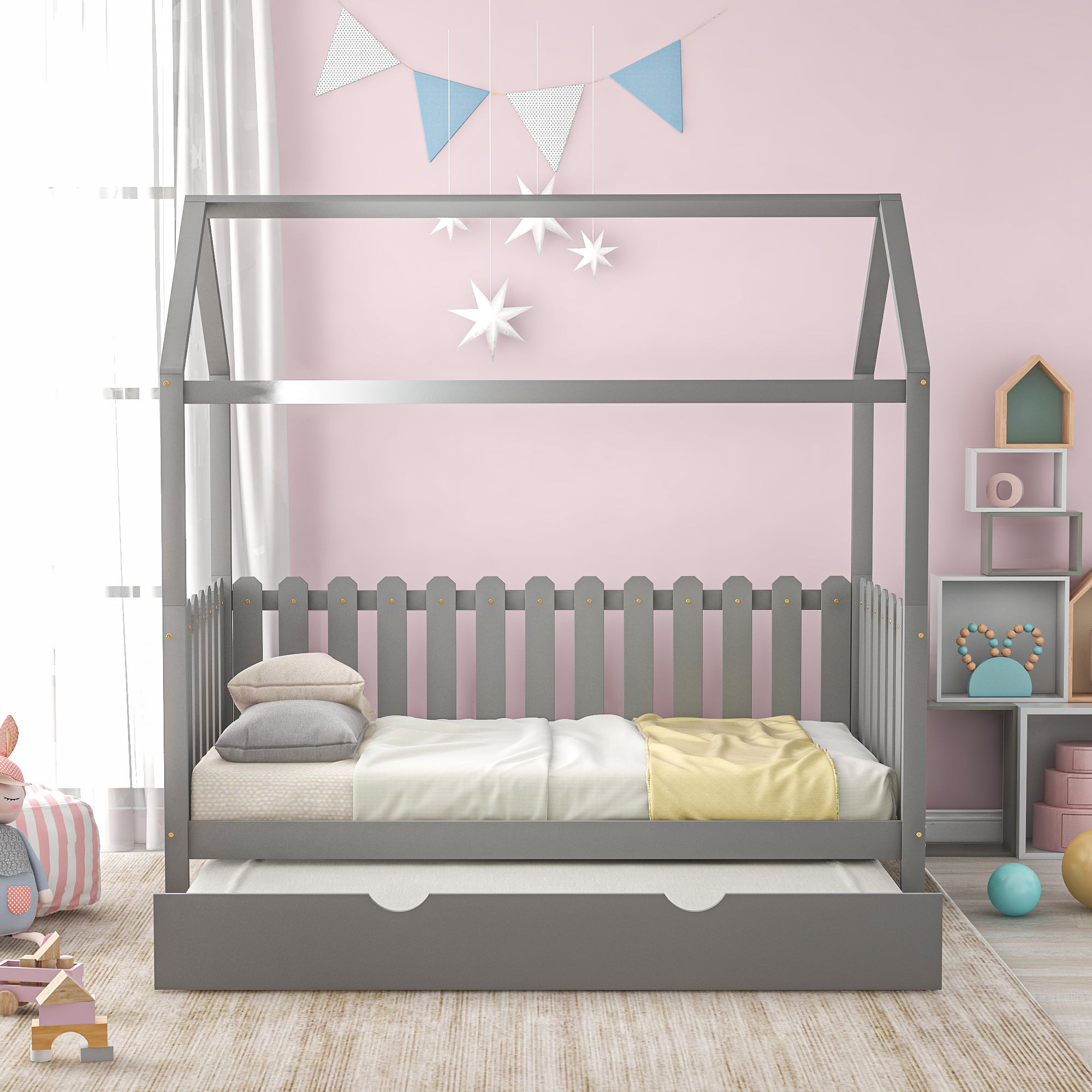 EUROCO Pine Wood Twin Size House Bed with Trundle for Kids, Rustic ...