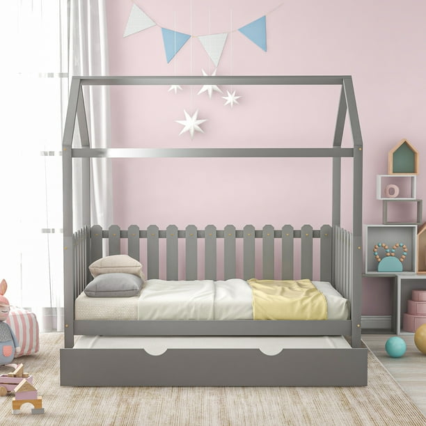 EUROCO Twin Size House Bed with Trundle, Rustic Style, Gray