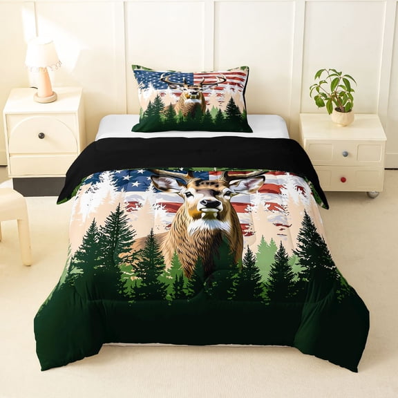 Manfei Brown Elk Twin Comforter Sets,Rustic American Flag Bedding Set,Black Reversible,2-Piece,1 Comforter and 1 Pillowcase