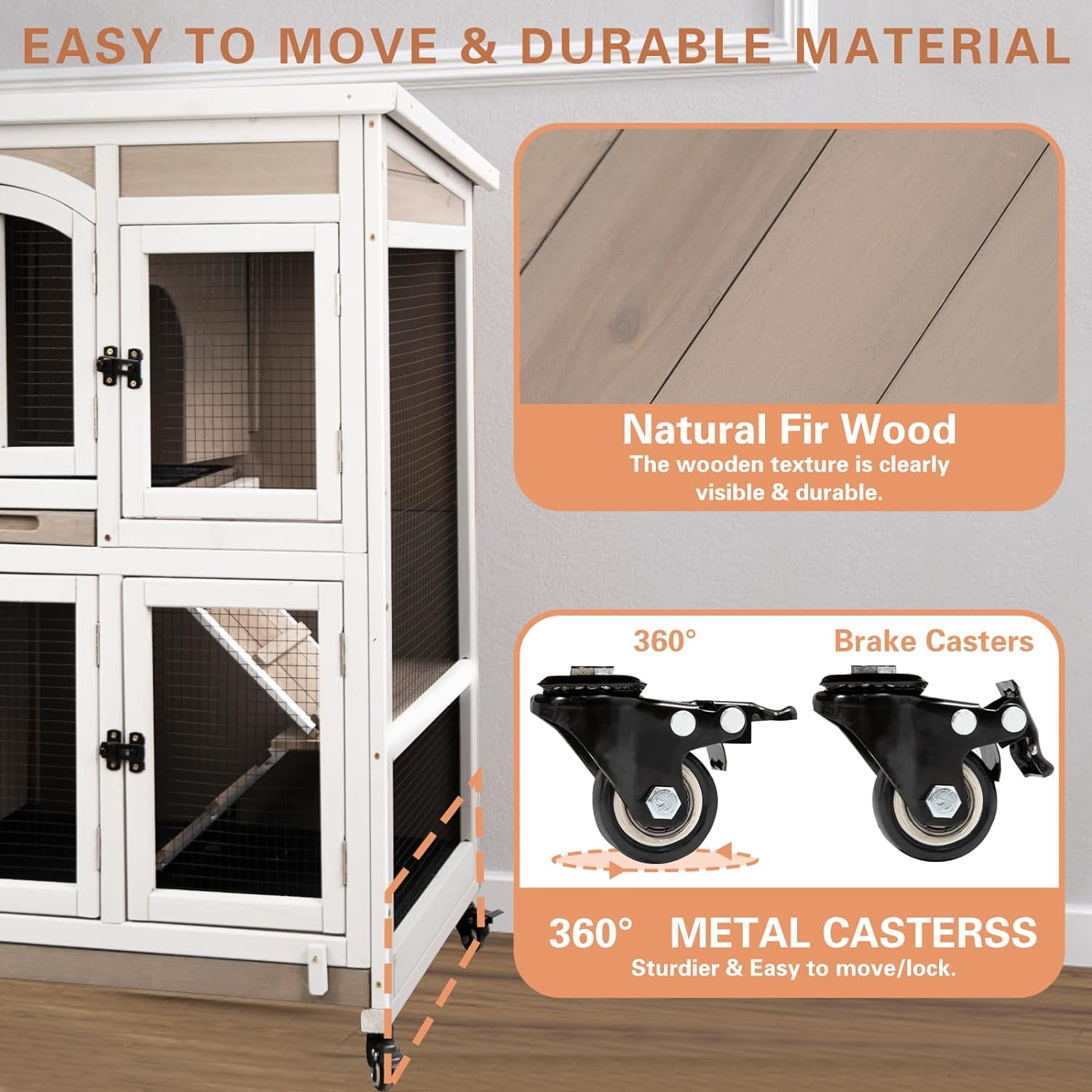 PETSCOSSET 47"L Rabbit Hutch Indoor Wooden 2 Story Rabbit Large Bunny Hutch Outdoor Bunny Cage on Wheels