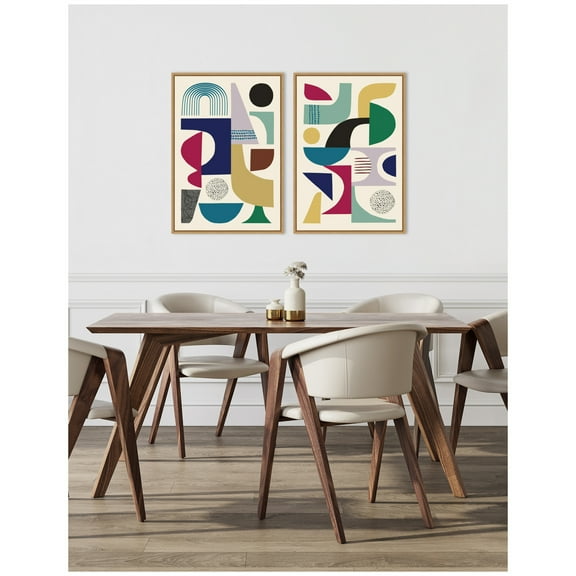 Kate and Laurel MCM Retro Abstract Pattern Rainbow  - set of 2 23x33 Framed Canvas Wall Art Set  by Rachel Lee, Sylvie Natural, Mid Century Modern, Abstract Art for Wall Decor, Living Room, Bedroom