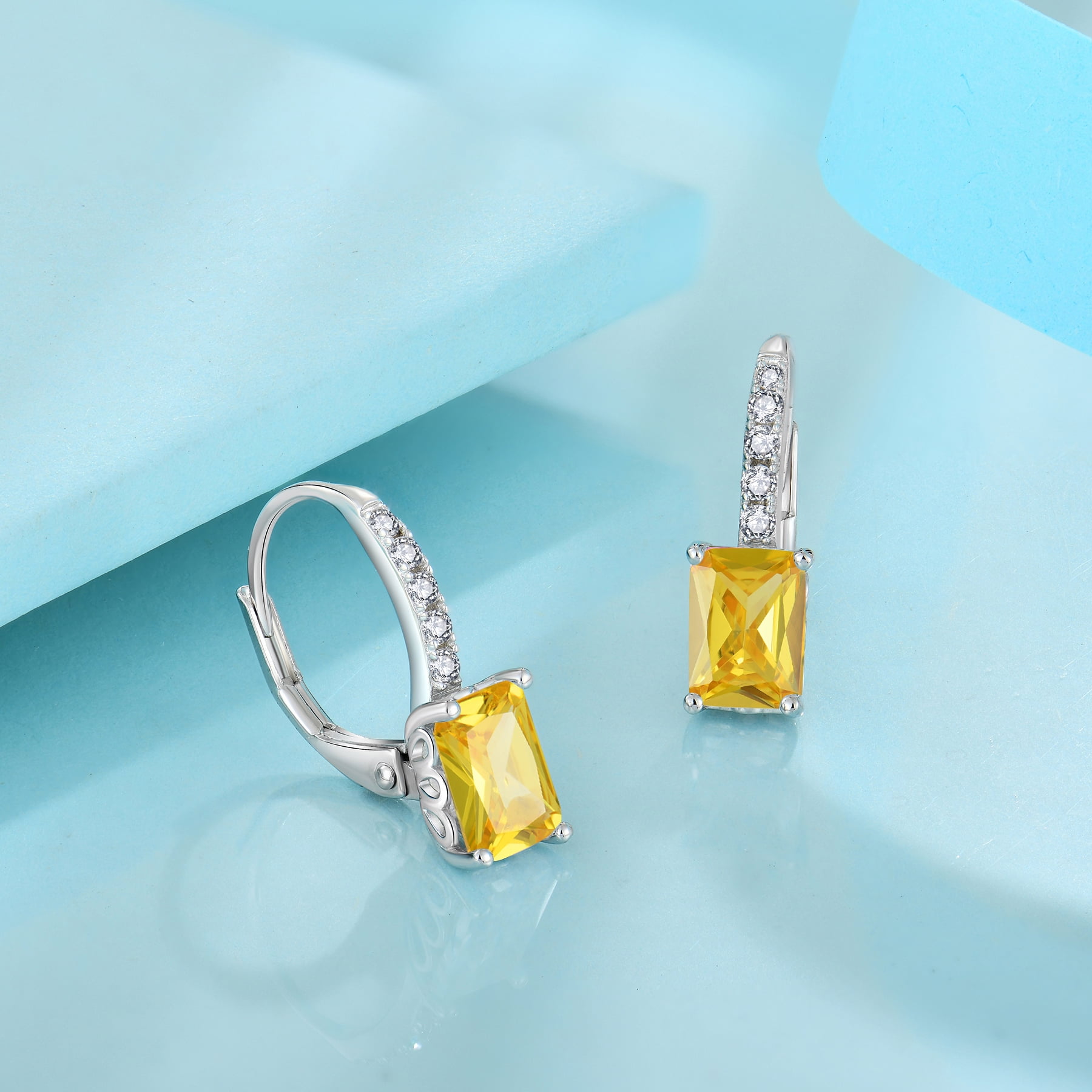 FJ Princess Cut Dangle Drop Earrings 925 Sterling Silver Square Leverback Earrings November Birthstone Citrine Jewelry Gifts for Women