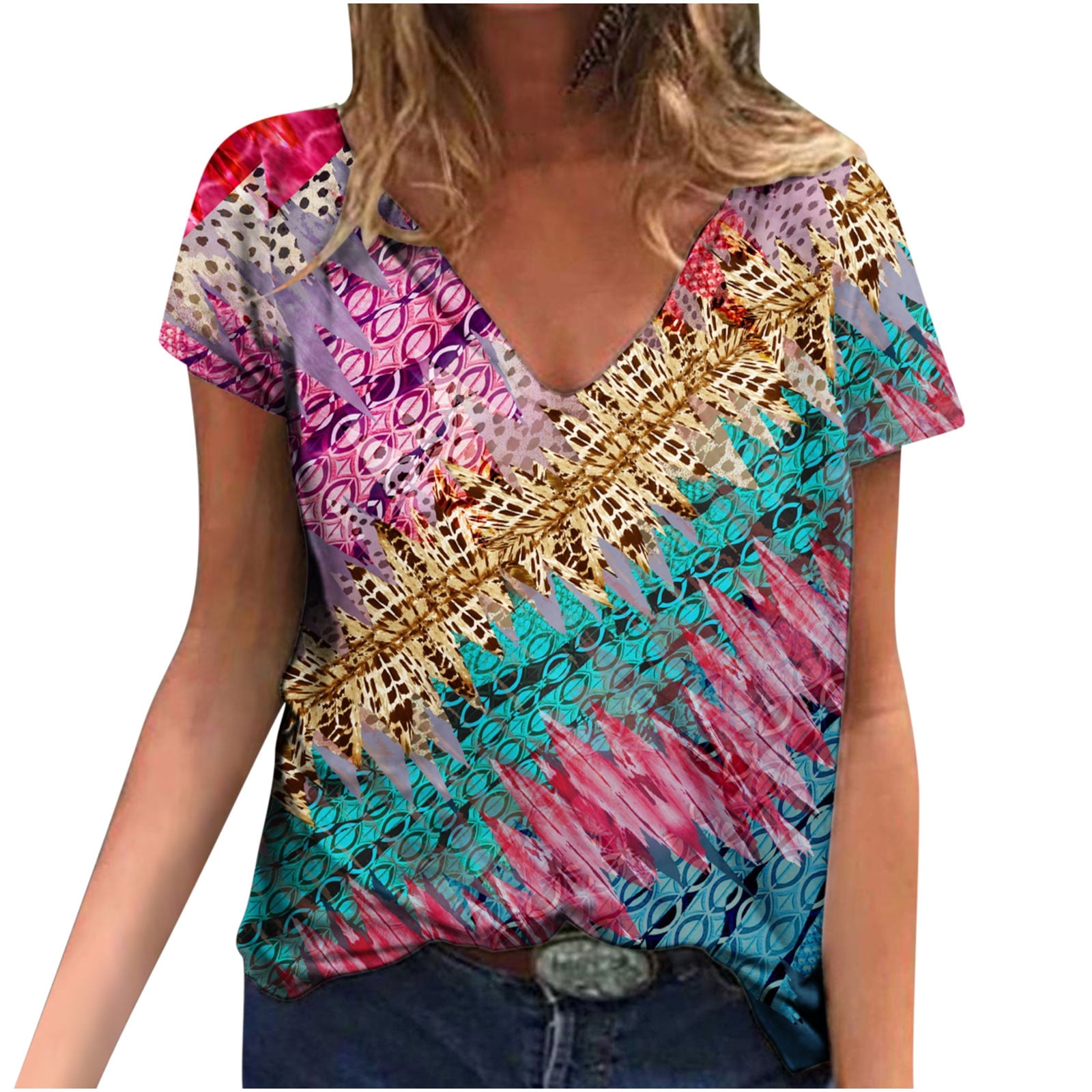 Tie-dye Casual Tees Shirt for Women V-neck Tunic Top Fashion Printed  Workwear Summer Soft Comfy Loose Pullovers 