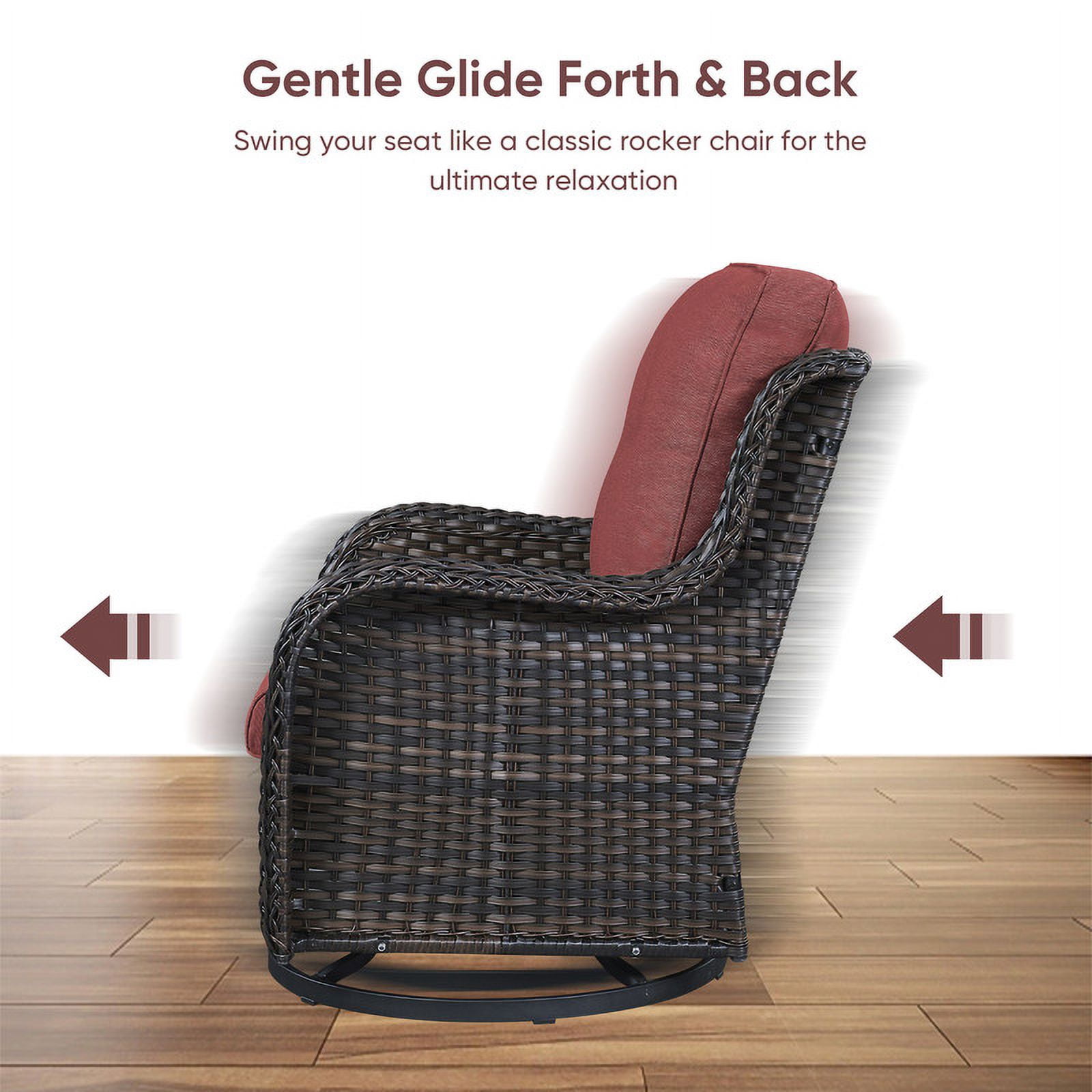 PARKWELL 3-Piece Outdoor Swivel Gliders with Thick Cushions and Side Table - Rattan Wicker Bistro Furniture Set - Brown Wicker and Red Cushion