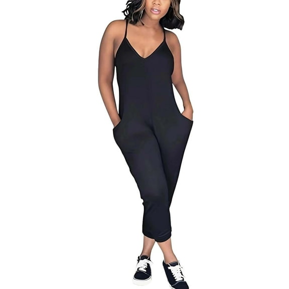 HXWCHs Jumpsuits for Women, Women's V Neck Sleeveless Solid Camisole Jumpsuit Casual Romper with Pockets Comfortable Jogger Style Wear XXXXXL Black