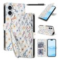 thumbnail image 1 of Wallet Case for iPhone 16 Plus , PU Leather Phone Cover Kickstand RFID Blocking Flip Case Card Slots Wrist Strap Relief Engraved Pattern Magnetic With Stylus Pen , Blue Purple Flower, 1 of 10