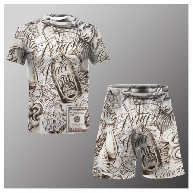Traje informal de verano para hombre, camiseta estampada + Pantalones cortos de playa, Camiseta de cuello redondo, 2 piezas, talla asiática, XXS-6XL