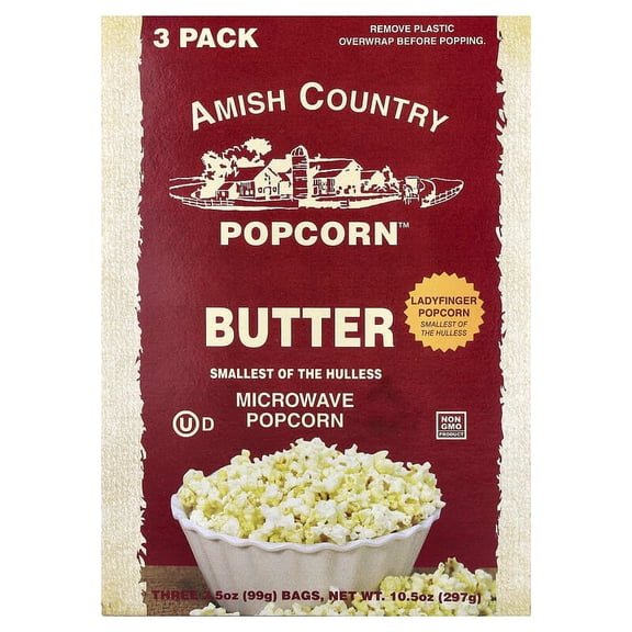 Amish Country Popcorn, Microwave Popcorn, Butter, 3 Bags, 3.5 oz