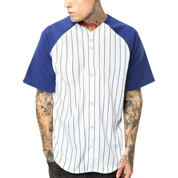Ma Croix Men's Premium Pinstripe Baseball Tee Button Down Raglan Short Sleeve Jersey