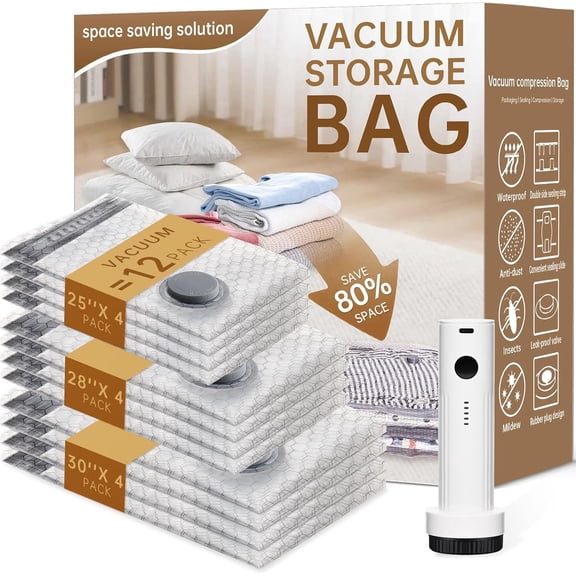 Vacuum Bags for Travel with Wireless Rechargeable Pump,  12 Pack Carry-on Size Compression Packing Seal Bags for Luggage and Suitcase, Space Saver Vacuum Storage Bags for Clothes and Clothing Travel