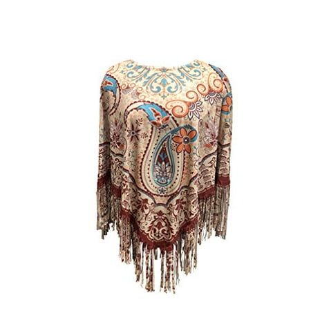Nickanny's Poncho Pullover Topper Jacket Ruana with Fringe Lightweight (Paisley Brown)