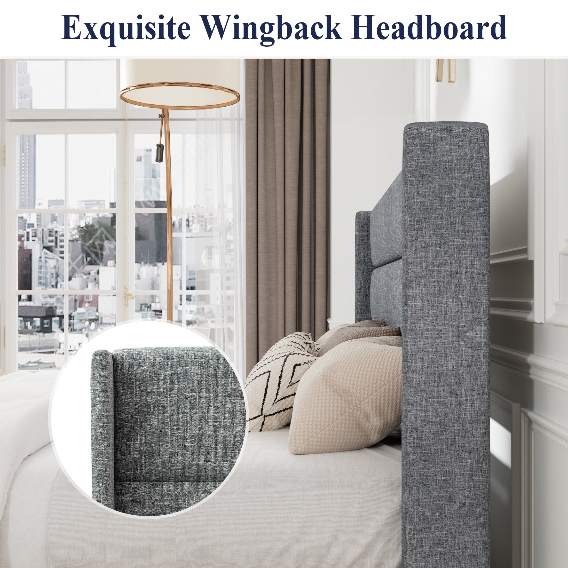 Allewie Full Size Lift Up Platform Storage Bed Frame with Channel Wingback Headboard, Grey Blue