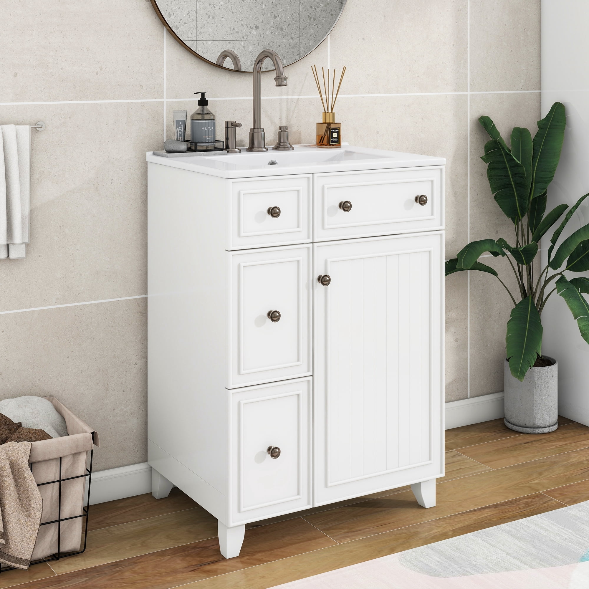 EUROCO Bathroom Vanity with Ceramic Sink, 24" Freestanding Bathroom Cabinet Vanity with 2 Drawers,Lager Storage,1 Door ,Solid Wood Frame Bathroom Vanities,White