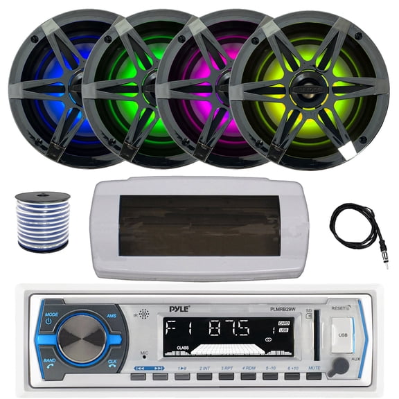 Pyle PLMRB29W Single DIN Bluetooth Marine MP3 AM/FM Stereo Receiver with White Cover, 22" Radio Antenna, Wire, 4x 6.5" 120 Watt Peak Multicolor LED Boat Audio Speakers w/Chrome Grilles (Black)