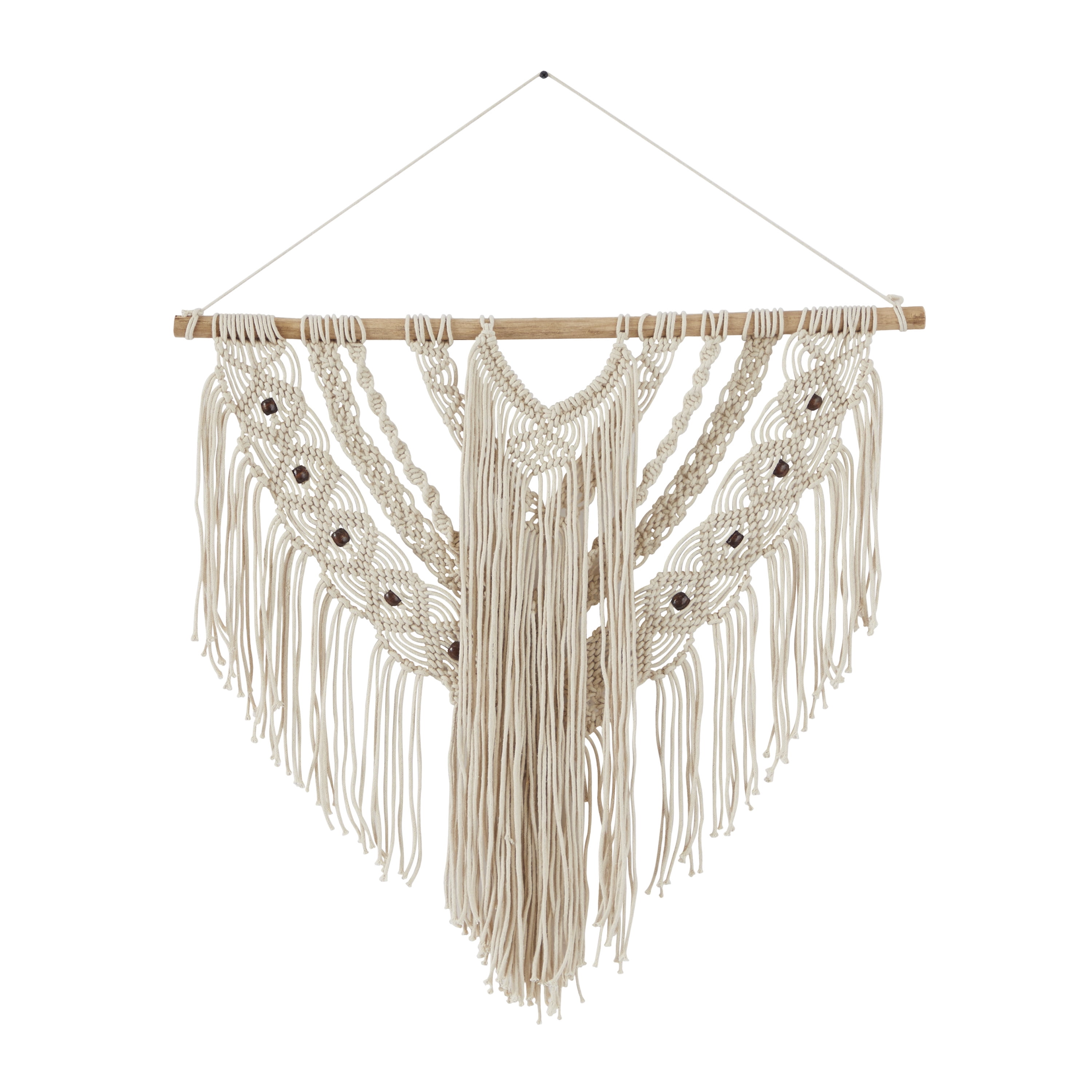 DecMode Cream Cotton Intricately Weaved Macrame Wall Decor with Beaded Fringe Tassels
