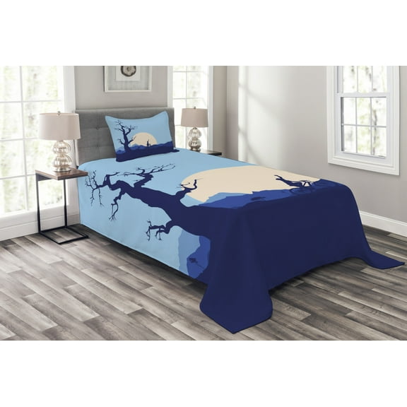 Ambesonne Nature Quilted Bedspread Set 2 Pcs, Rising Moon in Forest, Twin Size, Blue and White