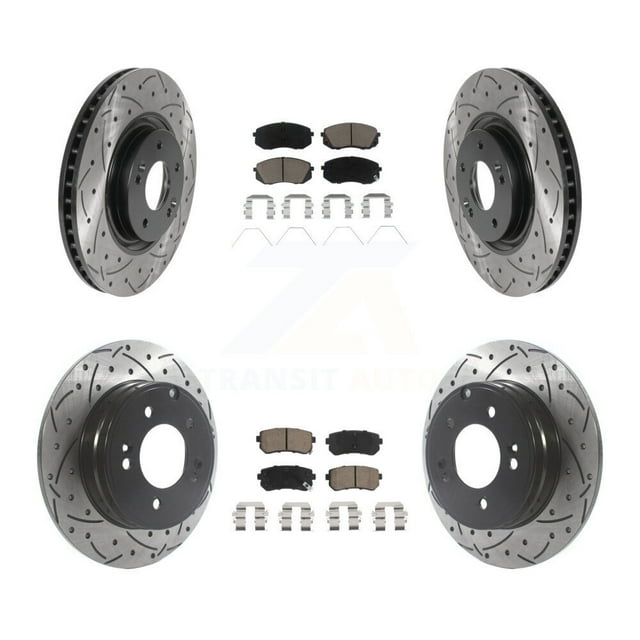 Transit Auto Front Rear Coated Drilled Slotted Disc Brake Rotors and Ceramic Pads Kit for Car Kia Optima with Manual Parking KDC-100398