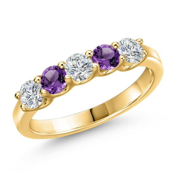 Gem Stone King 18K Yellow Gold Plated Silver Lab Grown Diamond and Purple Amethyst Wedding-Bands Ring for Women | 0.83 Cttw | Round 3.5MM | Gemstone April Birthstone | Size 6