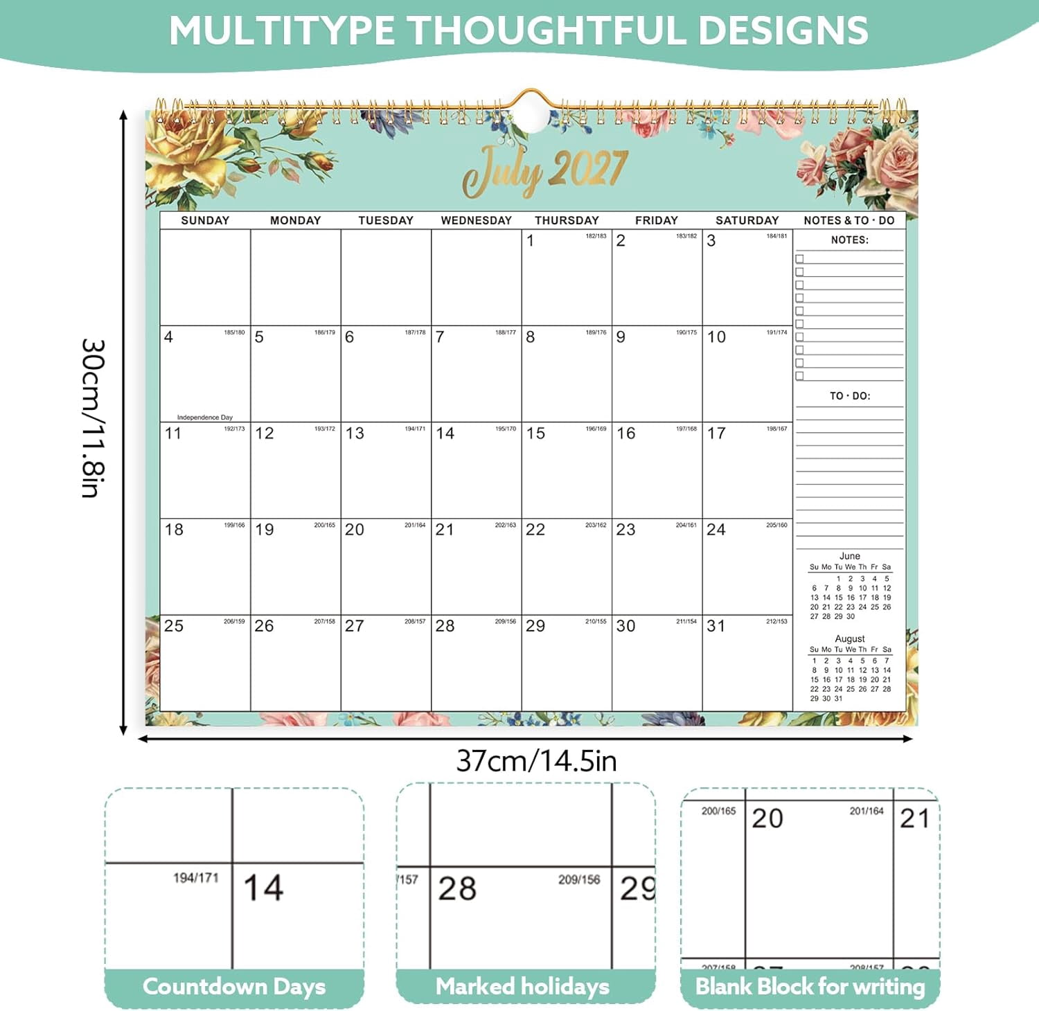 Wall Calendar 2026-2027, 18 Month Large Desk Calendar from July 2026 to December 2027 14.5" x 11.8" Monthly Calendar with Twin-Wire Binding for Home Office Planning Organisers, Watercolor Flowers