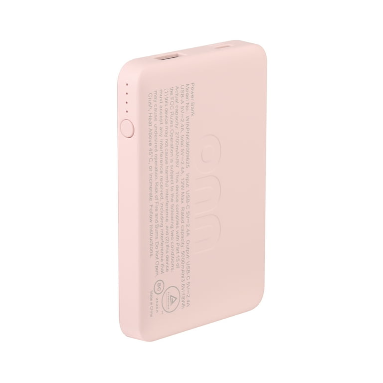 onn 5000mAh Portable Power Bank with USB-C and USB-A ports, Compact Size, LED Indicator Lights, Pink - Compatible with iPhone, iPad, AirPods, Samsung Galaxy, Note, Pixel & More