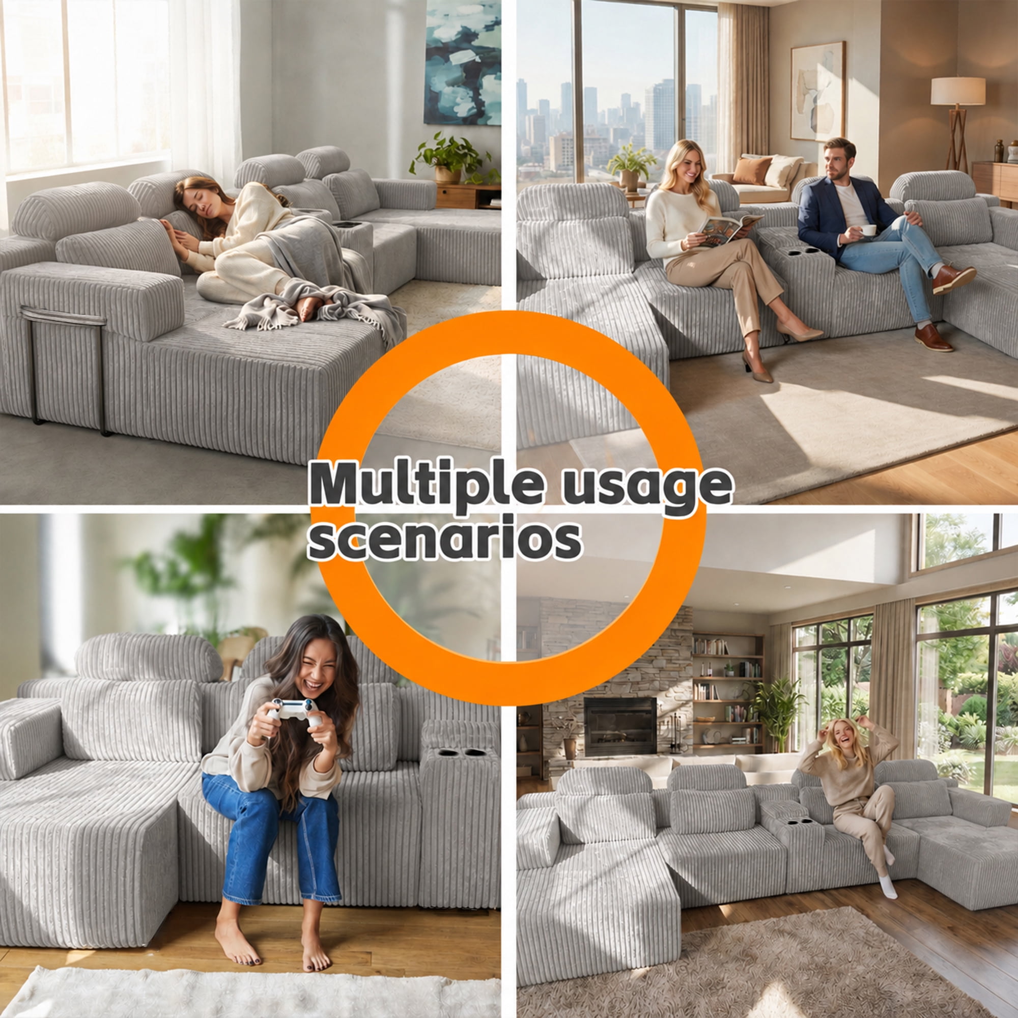 Leumius 145.7" U-Shaped Corduroy Sectional Sofa with Chaise,Cup Holders & Storage,Modern Modular 6-Seater Sofa Couch for Living Room,Gray
