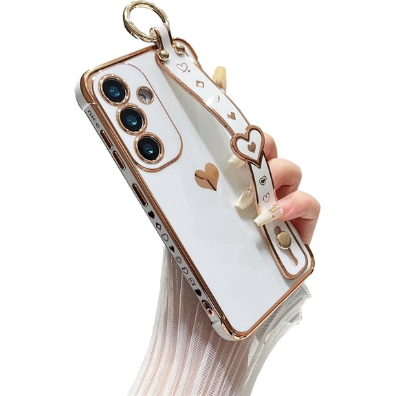 REQO Compatible with Samsung Galaxy S26 Plus Case, Electroplated Edge Love Heart Case with Wrist Strap, Full Camera Protection Raised Reinforced Corners Shockproof Soft TPU Cover