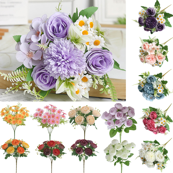 JeashCHAT Artificial Flower Bouquet, 11.8" Silk Flowers Fake Hydrangea Rose Daisy Bouquet for Vase, Table Centerpiece, Wedding Party Spring Home Decor, Holiday Gift