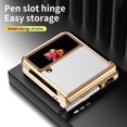 thumbnail image 6 of MonsDirect for 6.7 inch Samsung Galaxy Z Flip 3 5G 2021 Case with A Capacitance Pen, Two Hinge Protection Plating PC Frame Leather Grain Shockproof with S Pen Holder for Galaxy Z Flip 3, Gold White, 6 of 7