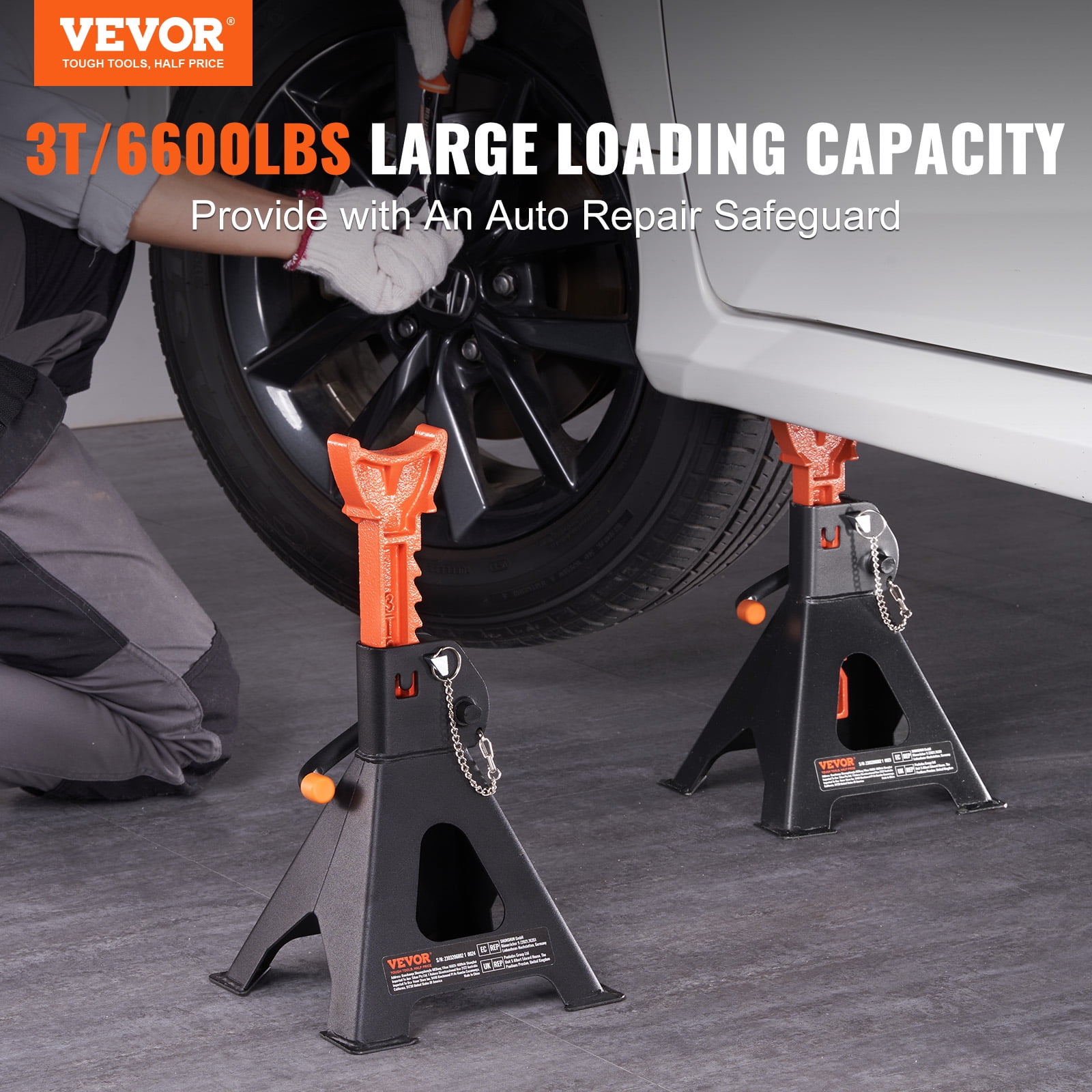 VEVOR Jack Stands, 3 Ton (6,000 lbs) Capacity Car Jack Stands Double Locking, 10.8-16.3 inch Adjustable Height,1 Pair