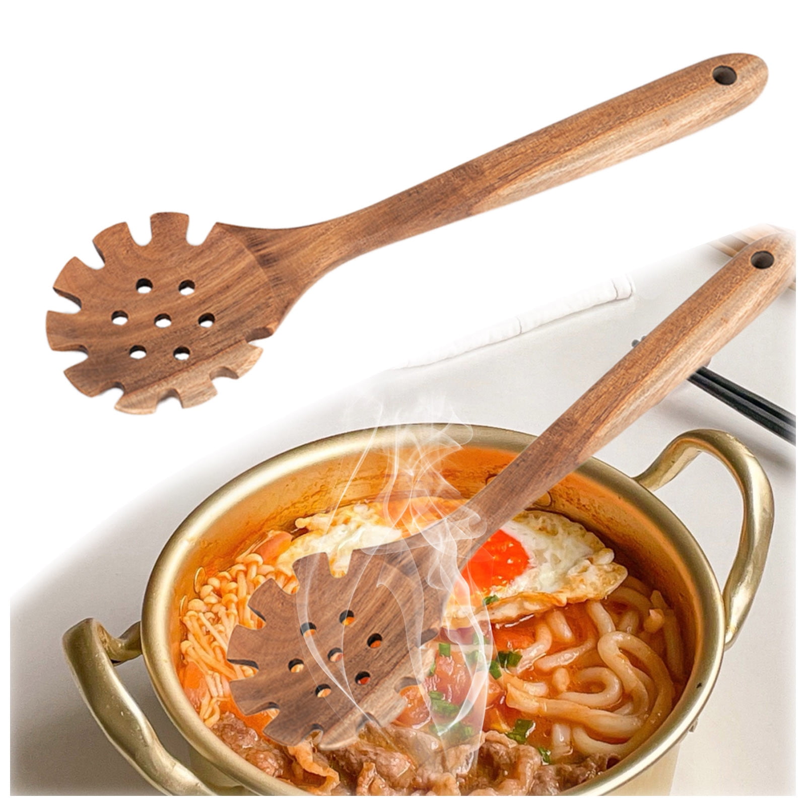 Cuillère à Spaghetti En Bois Teck - Fourchette à Pâtes Avec Trous - Ustensile Cuisine 32 Cm