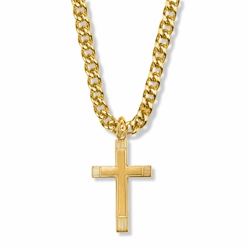 Singer Men's 1-1/4 Inch 14K Gold Over Sterling Silver Lined Inner Cross Necklace with Stainless Steel Gold Plated 24" Chain, Style Cross
