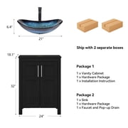 ELECWISH 24 Inches Bathroom Vanity in Black Finish with Glass Boat-Shaped Vessel Sink, Single Bathroom Vanity with Top, 2-Door Cabinet