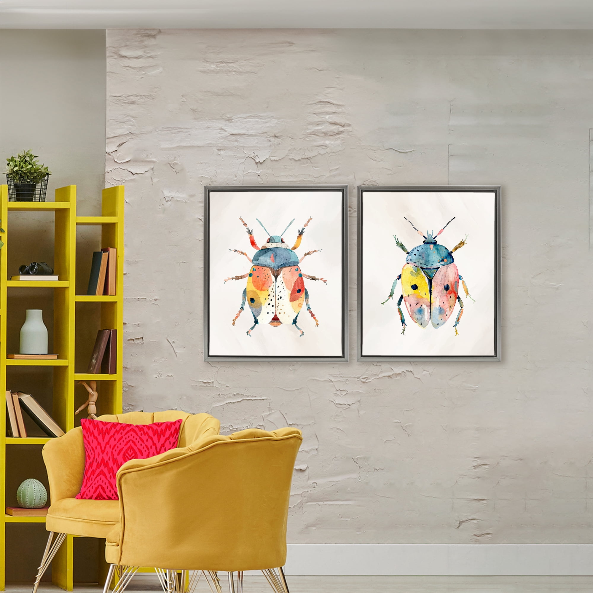 Stupell Industries Colorful Boho Beetles 2 Piece Gray Framed Floater Canvas Set, design by Kim Allen