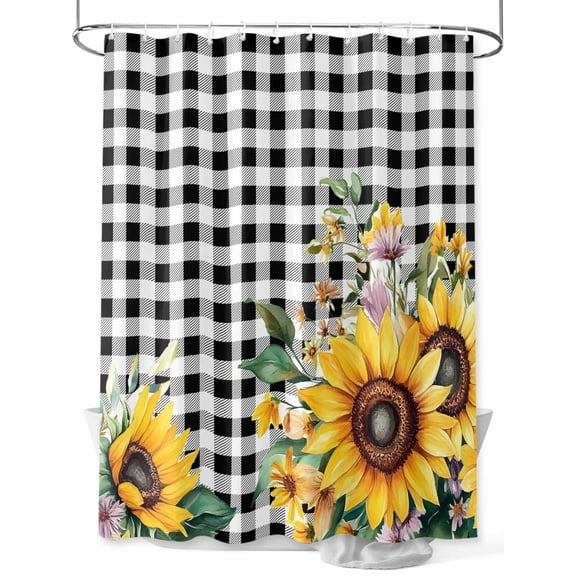 Shower Curtain Sunflower Shower Curtains for Bathroom, Waterproof Polyester Shower Curtain Set with Hooks, Small Stall Size 36" x 72" Flower Black Plaid