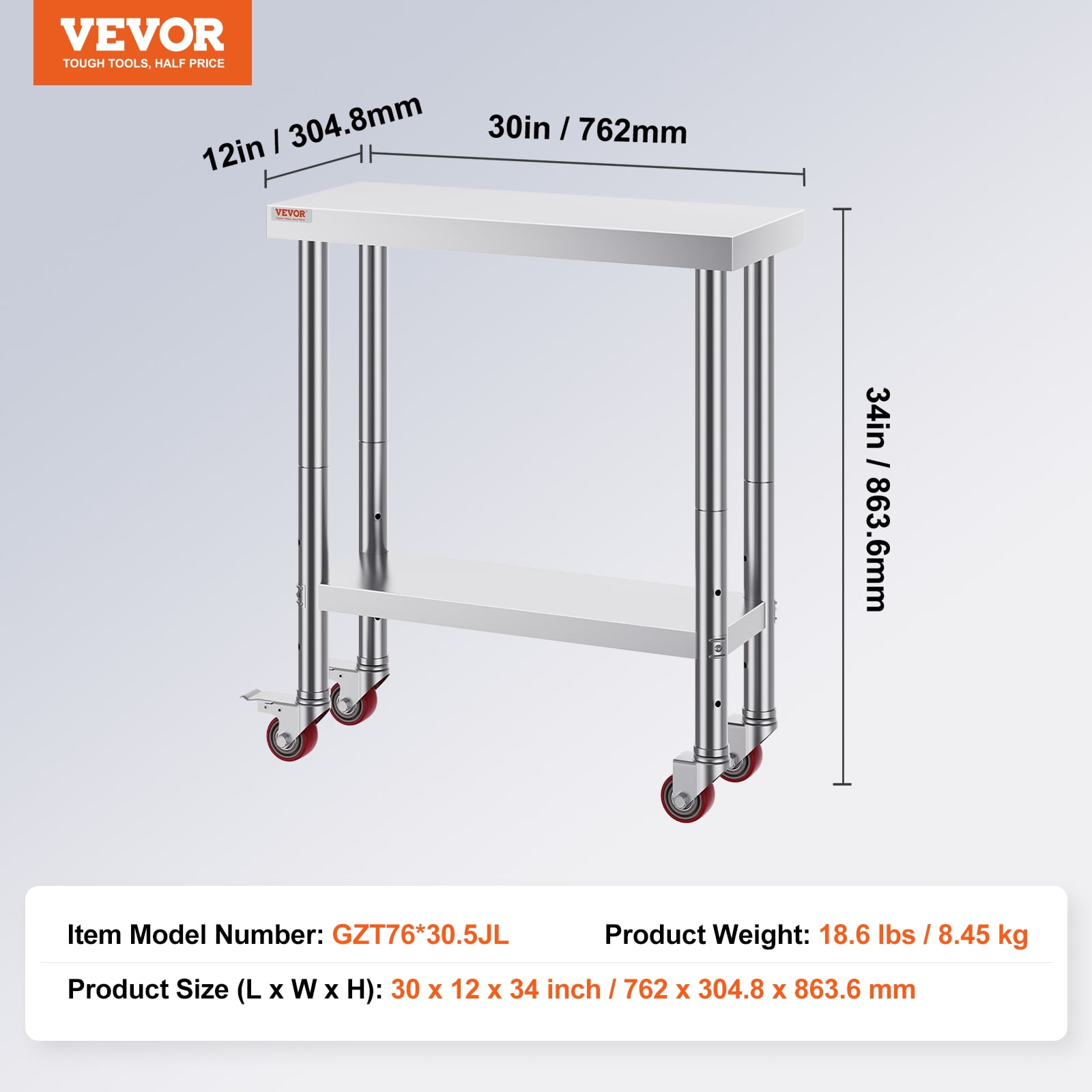 VEVOR Stainless Steel Work Table 30 x 12 x 34 Inch, 700 LBS Load Capacity with 4 Wheels, 3 Adjustable Height Levels, Heavy Duty Food Prep Worktable for Commercial Kitchen Restaurant, Silver