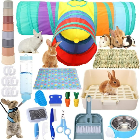 34 Pcs Rabbit Starter Kit Rabbit Litter Box Small Animal Water Bottle Stacking Cups Bunny Tunnels Animal Grooming Kit Bowl Blanket with Cleaning Set for Guinea Pig Bunny Accessories(Blue)