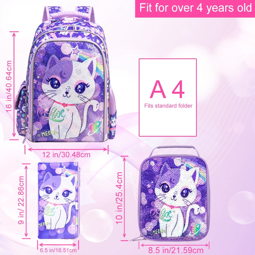 AGSDON 3PCS Cat Backpack for Girls, 16" Kids Sequin Bookbag with Lunch Box, Water Resistant School Bag for Elementary Preschool Toddler